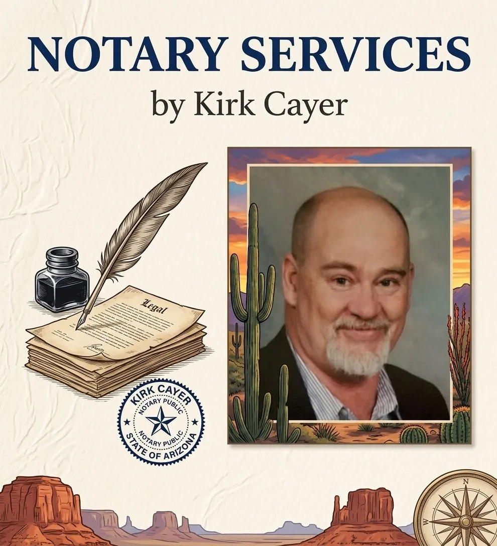 Notary Services by Kirk Cayer brand graphic with Kirk's portrait, Arizona notary seal, documents, and desert landscape